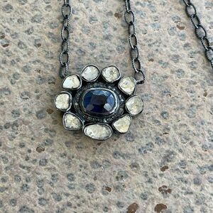 One of a kind Sapphire & Diamond Sterling Silver 925  Pendant Necklace 20”